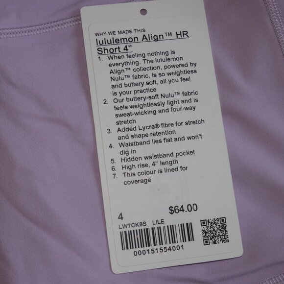 Women's Size 4 Lululemon Align High-Rise Short 4" Inseam, Lilac Ether Purple - Picture 5 of 5